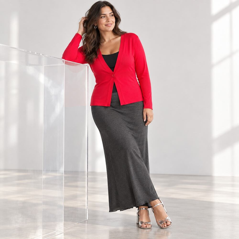 New York & Company Red V Neck Button Cardigan Sweater Large